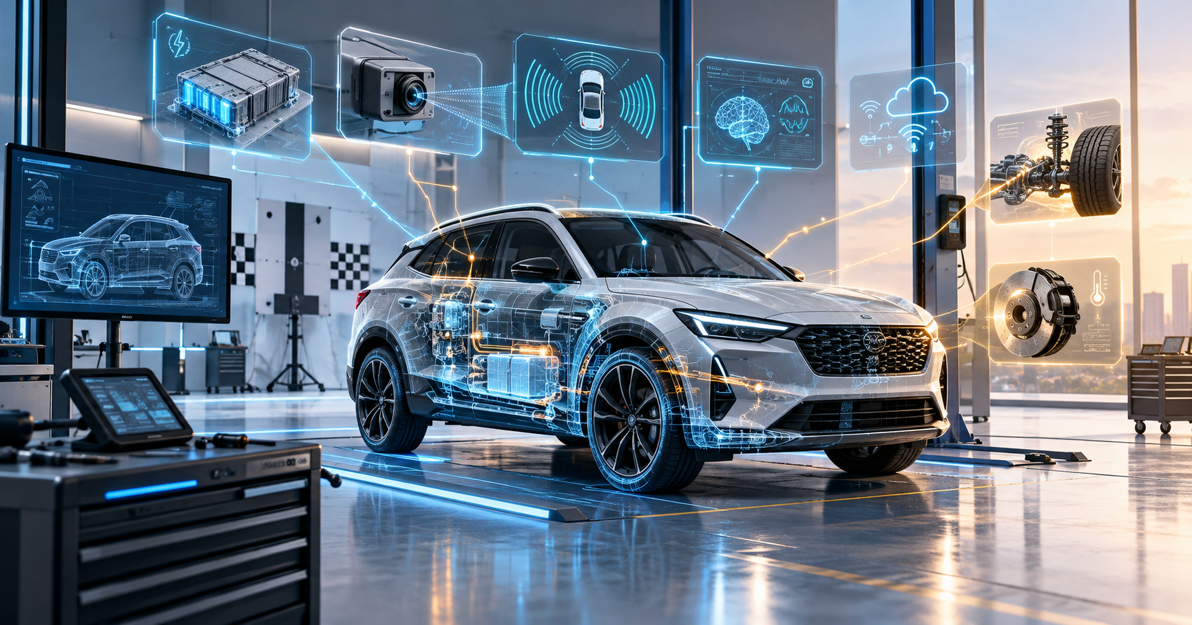 Futuristic SUV Diagnostics Lab Specialist Leaning